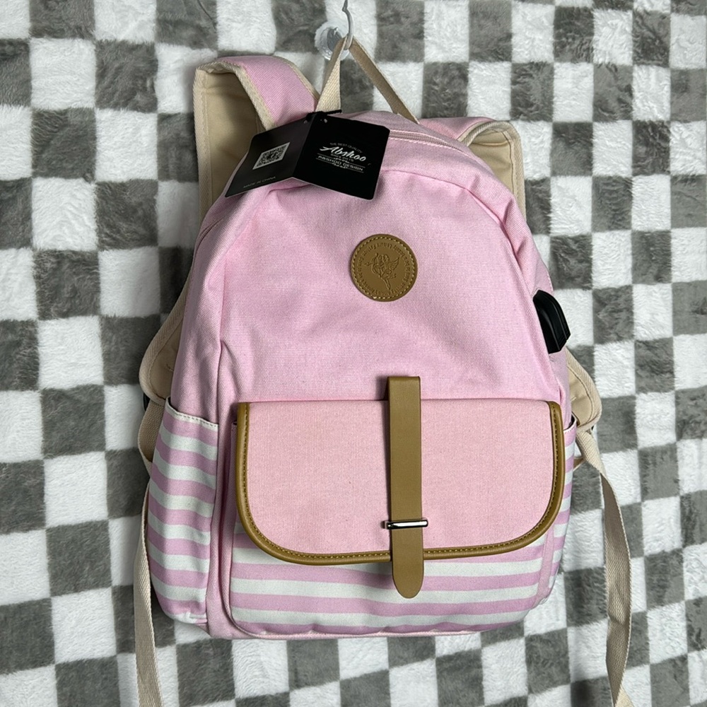 ABSHOO pink/white/tan backpack USB port, round headphone port book bag canvas